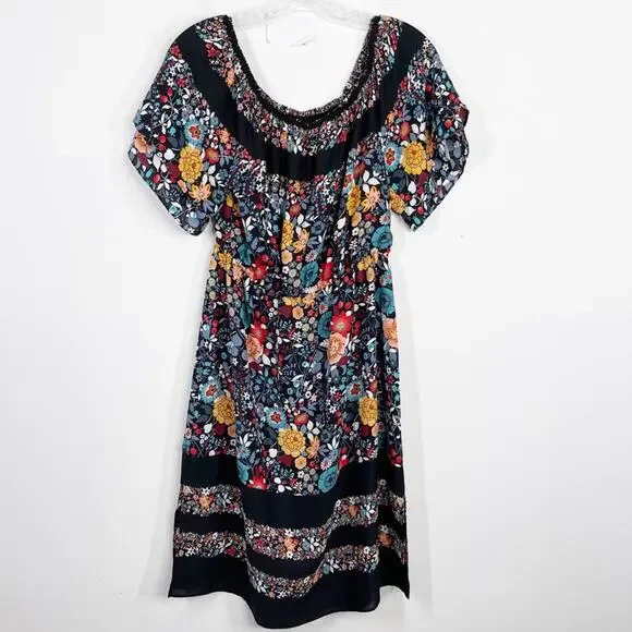 LOFT Black Floral Print Striped Off the Shoulder Dress Sz. Small Petite SP - Picture 4 of 8